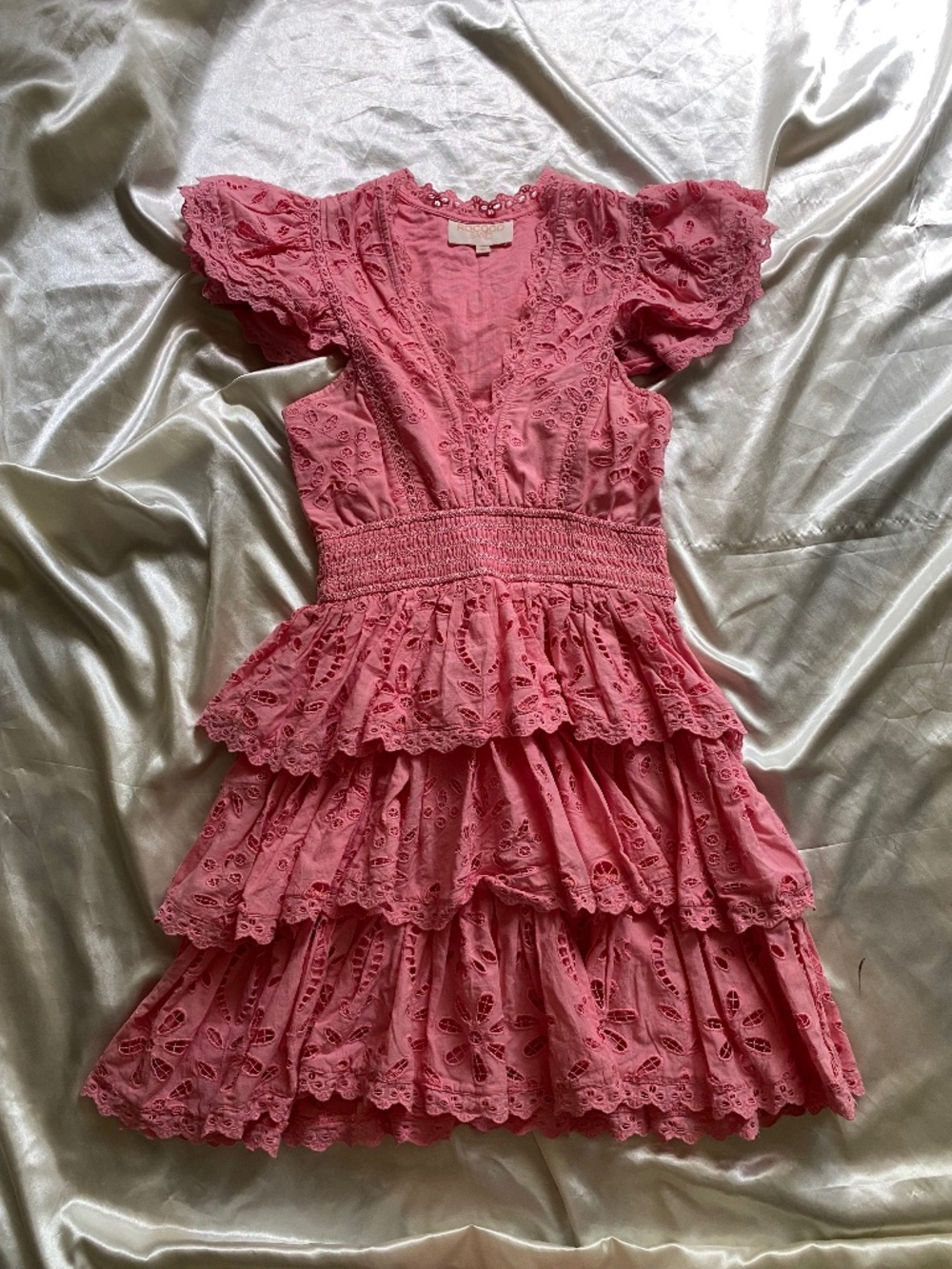 Rococo Sand Moss Short Mini Dress in Bubblegum Pink XS Tiered Eyelet Boho